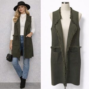 Sisters | NWOT Boho Olive Green Open Front Duster Fringe Trim Long Vest (S)